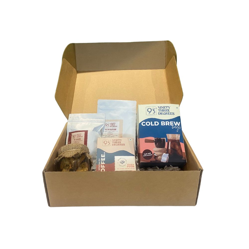 Gift Hamper for 5 Item Combo Pack - Easy Pour Over Box, Cold Brew Box, Cascara, Coffee Beans, Biscotti Jar