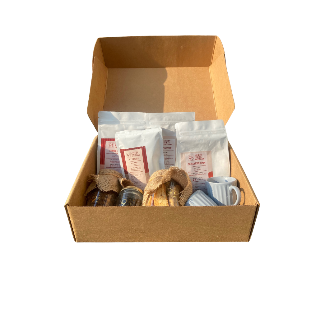 GIFT PARCEL BD (Coffee Beans 3 Packet - 250g, Cascara, Biscotti, Cookies, Dragees, and 2 Small Cup)