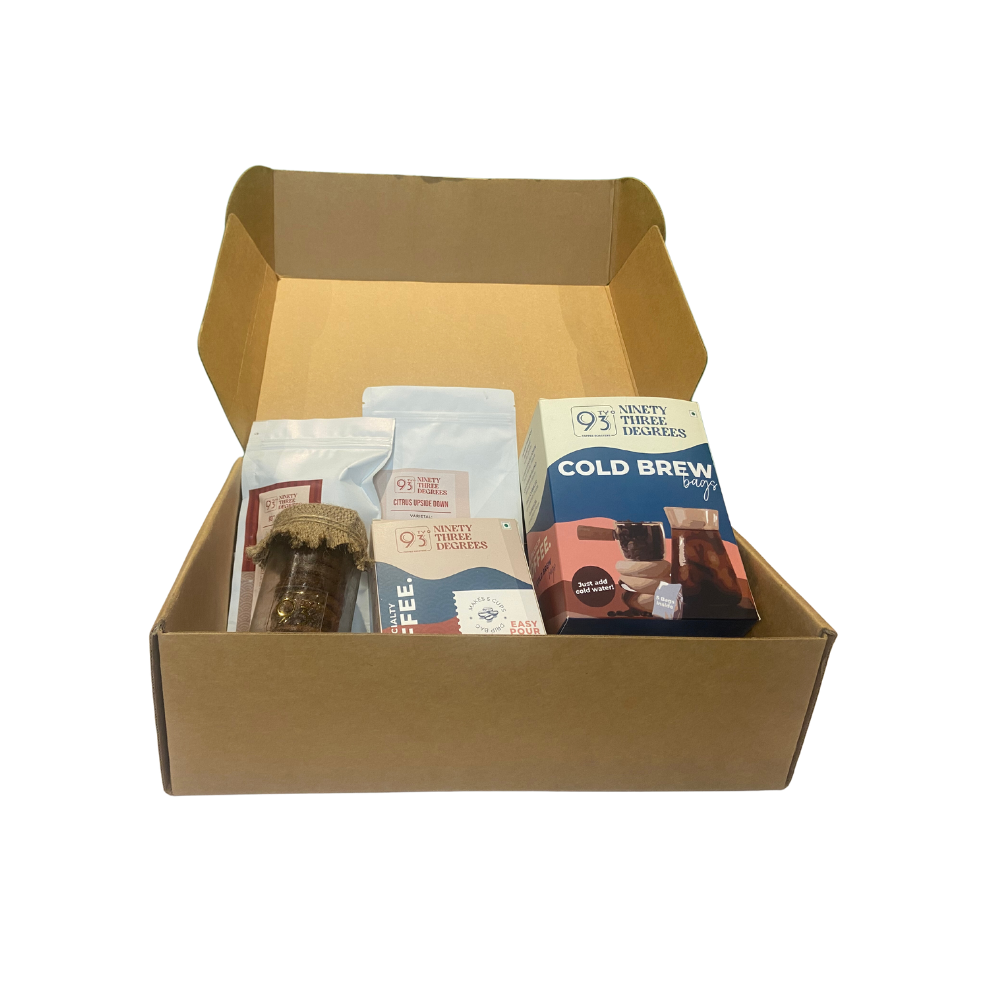 Gift Hamper for 5 Item Combo Pack- Easy Pour Over Box, Cold Brew Box, Cascara, Coffee Beans, Cookies Jar