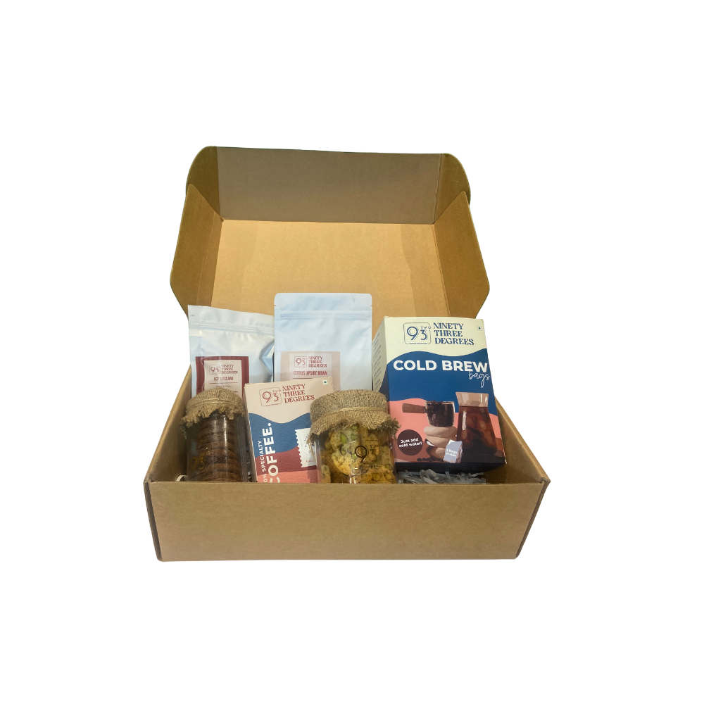 Gift Hamper for 6 Item Combo Pack- Easy Pour Over Box, Cold Brew Box, Cascara, Coffee Beans, Biscotti and Cookies Jar