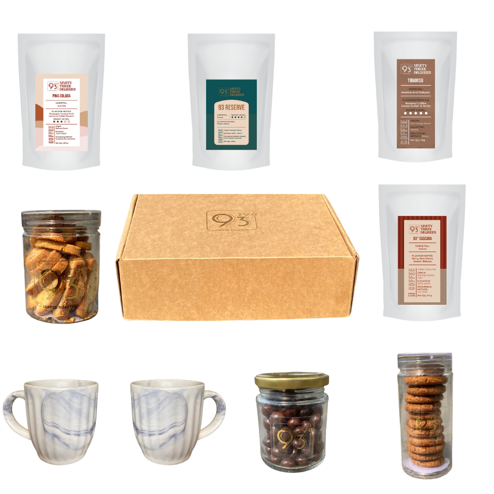 GIFT PARCEL BD (Coffee Beans 3 Packet - 250g, Cascara, Biscotti, Cookies, Dragees, and 2 Small Cup)